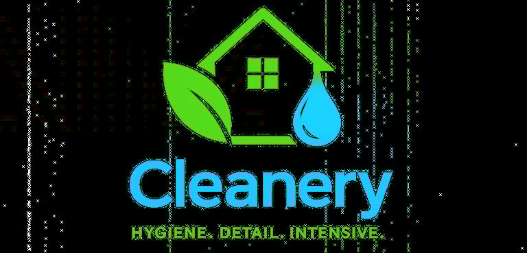 Cleanery logo featuring a green house with leaf and water droplet, blue text with tagline hygiene detail intensive